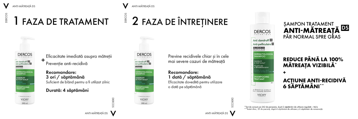 Sampon tratament anti-matreata pentru par normal-gras Dercos, 390 ml, Vichy